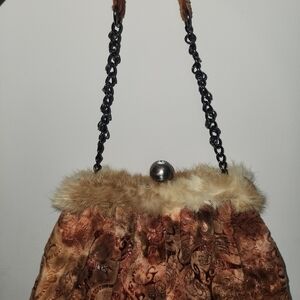 Acorn Brown Patterned Shoulder Bag with Fur Trim